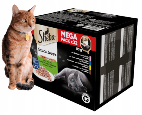 SHEBA Mega Sauce Lover Kacz/Kur/Łos/Tuń 32x85g SHEBA Mega Sauce Lover Kacz/Kur/Łos/Tuń 32x85g